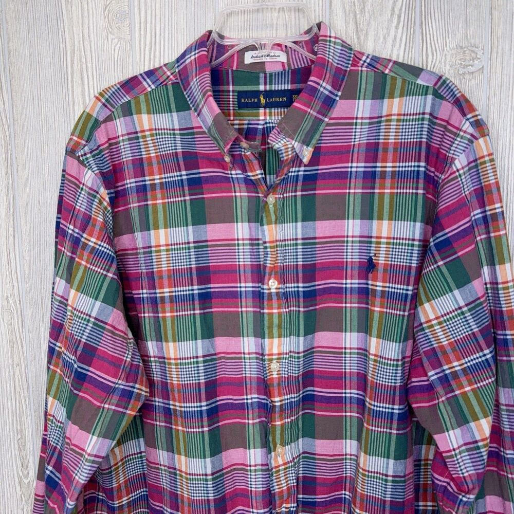 Polo Ralph Lauren Indian Madras Plaid Button Up Shirt Men's Size XXL Pink Blue